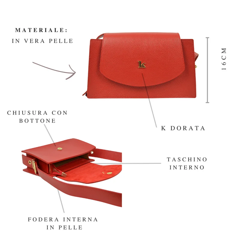 Borsa con Tracolla Regolabile in Pelle Rossa con Borchia "K" Made in Italy