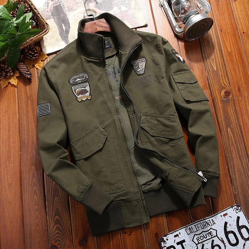 Herren Canvas-Pilotenblouson mit Stickpatches, Mehrfachtaschen und Rippenbündchen Nord Taschen