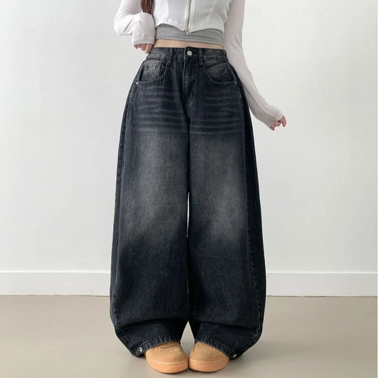 Damen Weite High-Waist Denim-Hose mit Faltenwurf