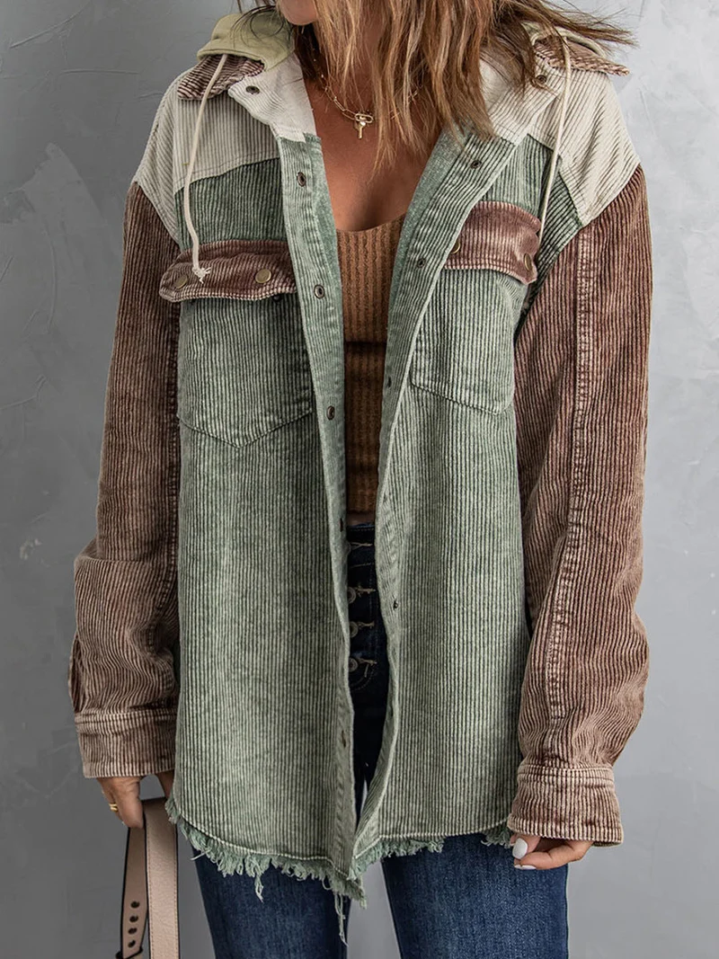 Nord Taschen | Jacke mit Kapuze Oversized Fit Cord-Textur Knopfverschluss Fransenrand