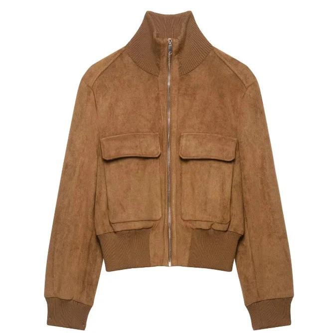 Damen Kurzer Veloursleder‑Bomber mit Stehkragen, aufgesetzten Klappentaschen und Rippenbündchen Nord Taschen