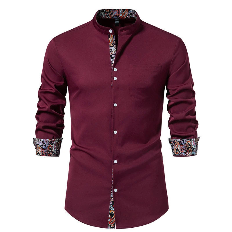 Herren Langarmhemd mit modernem Stehkragen und Paisleymuster