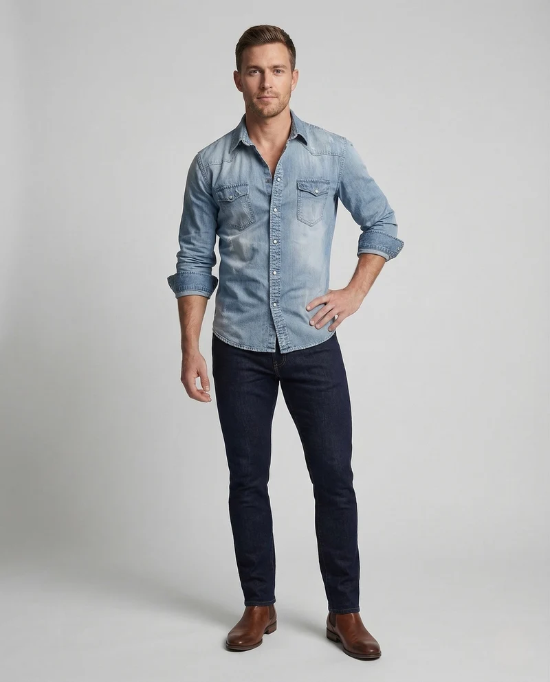 Herren Stretch Western Denim Hemd mit Kontrastnähten