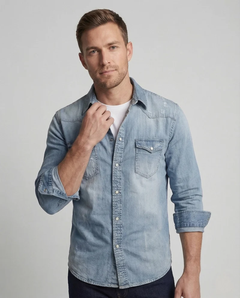 Herren Stretch Western Denim Hemd mit Kontrastnähten