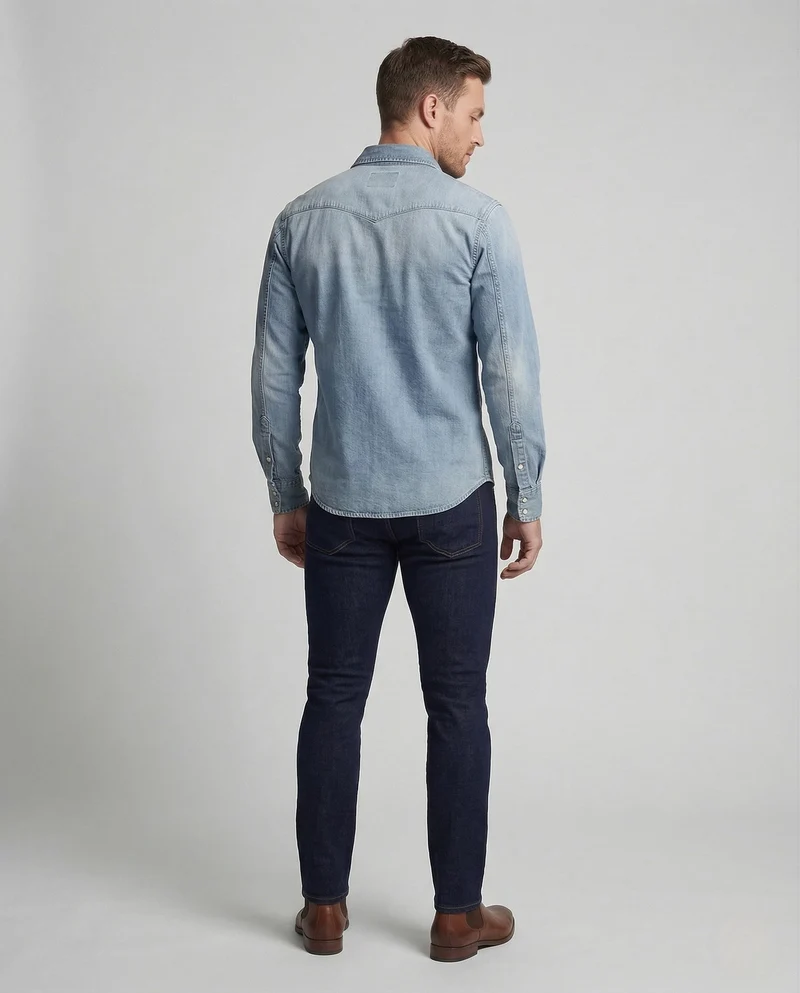 Herren Stretch Western Denim Hemd mit Kontrastnähten
