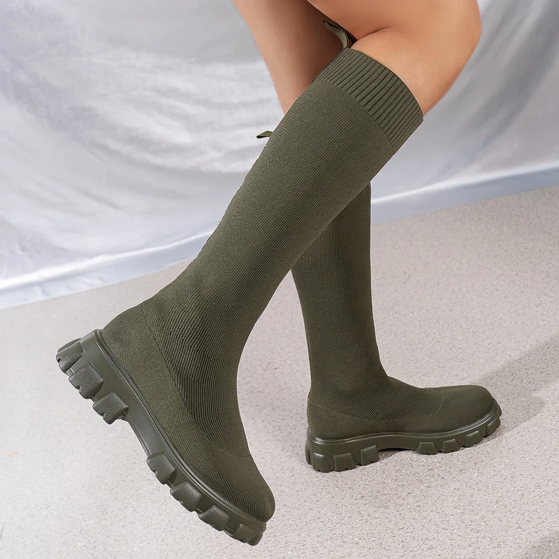 Damen Kniehohe Strick‑Sock‑Boots mit elastischem Schaft und markanter Profilsohle Nord Taschen