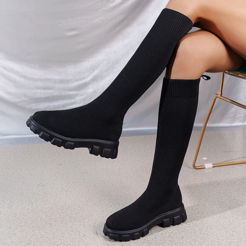 Damen Kniehohe Strick‑Sock‑Boots mit elastischem Schaft und markanter Profilsohle Nord Taschen
