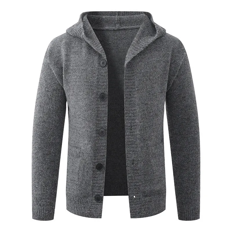 Herren Kapuzen-Strickcardigan aus Thermo-Feinstrick mit durchgehender Knopfleiste und Eingrifftaschen Nord Taschen