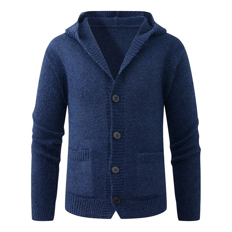 Herren Kapuzen-Strickcardigan aus Thermo-Feinstrick mit durchgehender Knopfleiste und Eingrifftaschen Nord Taschen