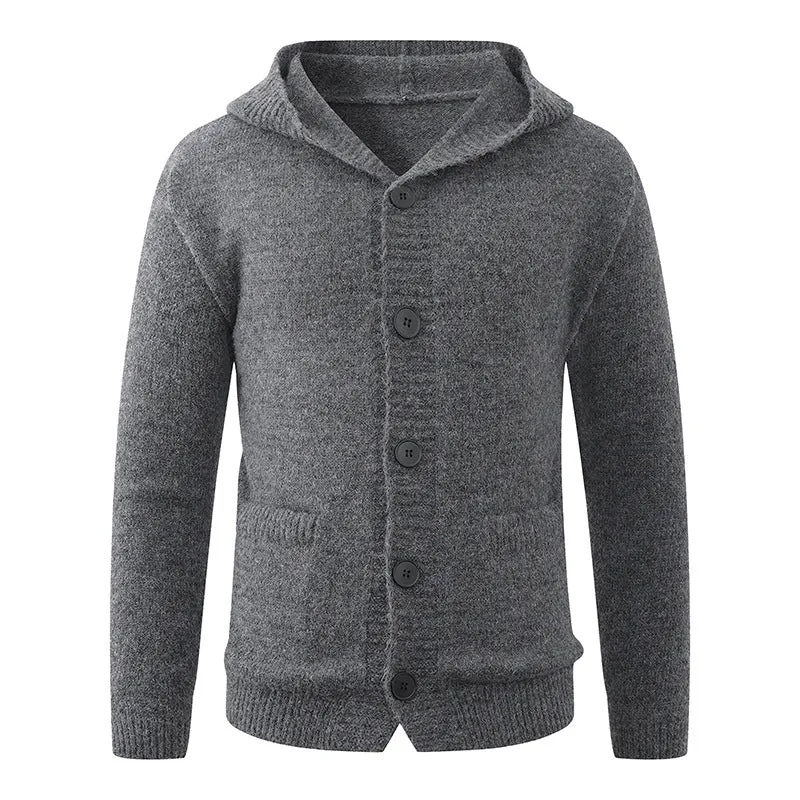 Herren Kapuzen-Strickcardigan aus Thermo-Feinstrick mit durchgehender Knopfleiste und Eingrifftaschen Nord Taschen