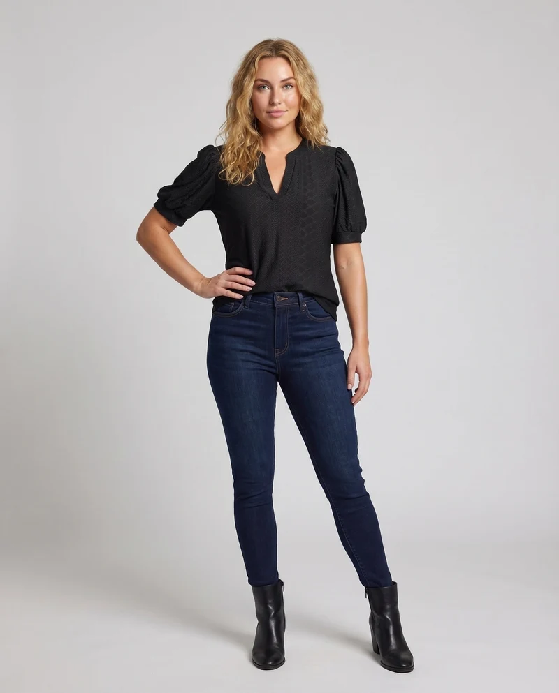 Damen Lochstickerei-Bluse V-Schlitz Puffärmel Gerafft