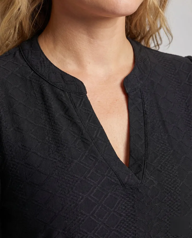 Damen Lochstickerei-Bluse V-Schlitz Puffärmel Gerafft