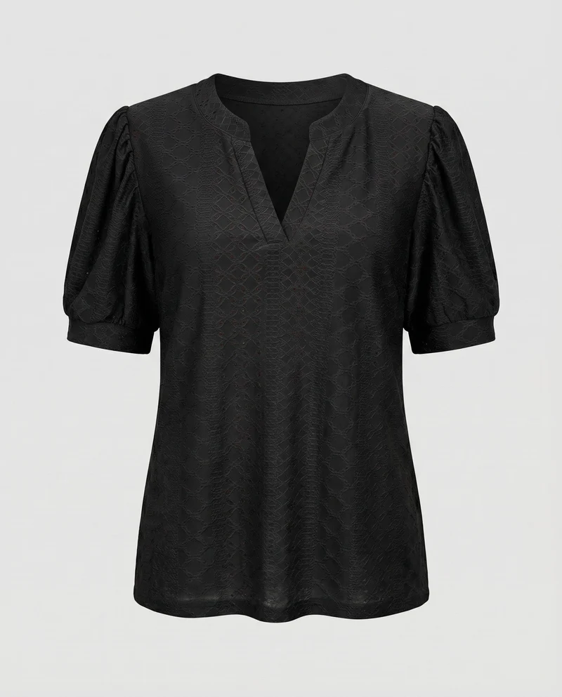 Damen Lochstickerei-Bluse V-Schlitz Puffärmel Gerafft