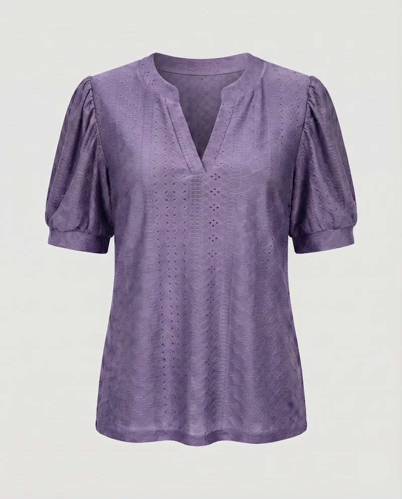 Damen Lochstickerei-Bluse V-Schlitz Puffärmel Gerafft