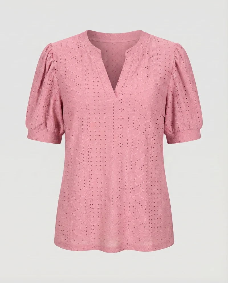 Damen Lochstickerei-Bluse V-Schlitz Puffärmel Gerafft