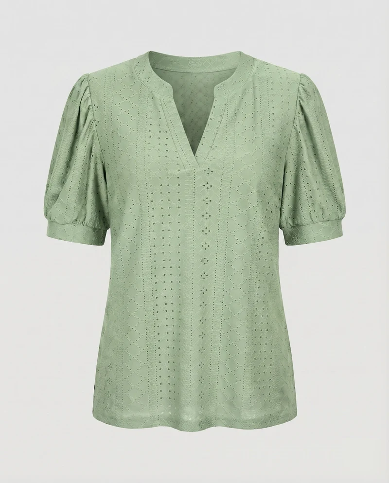 Damen Lochstickerei-Bluse V-Schlitz Puffärmel Gerafft