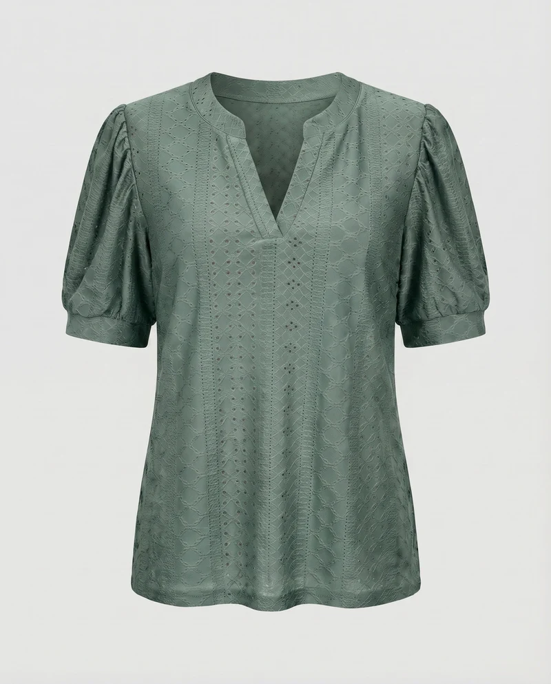 Damen Lochstickerei-Bluse V-Schlitz Puffärmel Gerafft