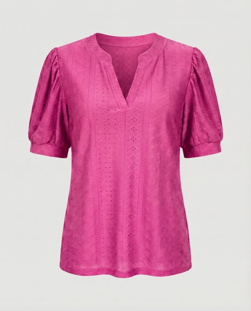 Damen Lochstickerei-Bluse V-Schlitz Puffärmel Gerafft