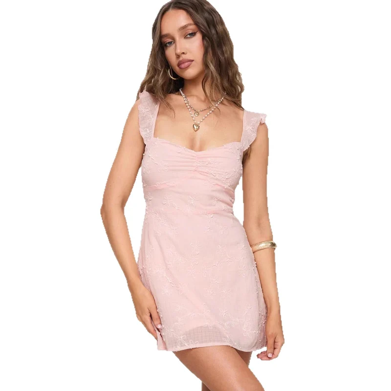 Damen romantisches Sommerkleid mit floralen Stickereien und Rüschendetails
