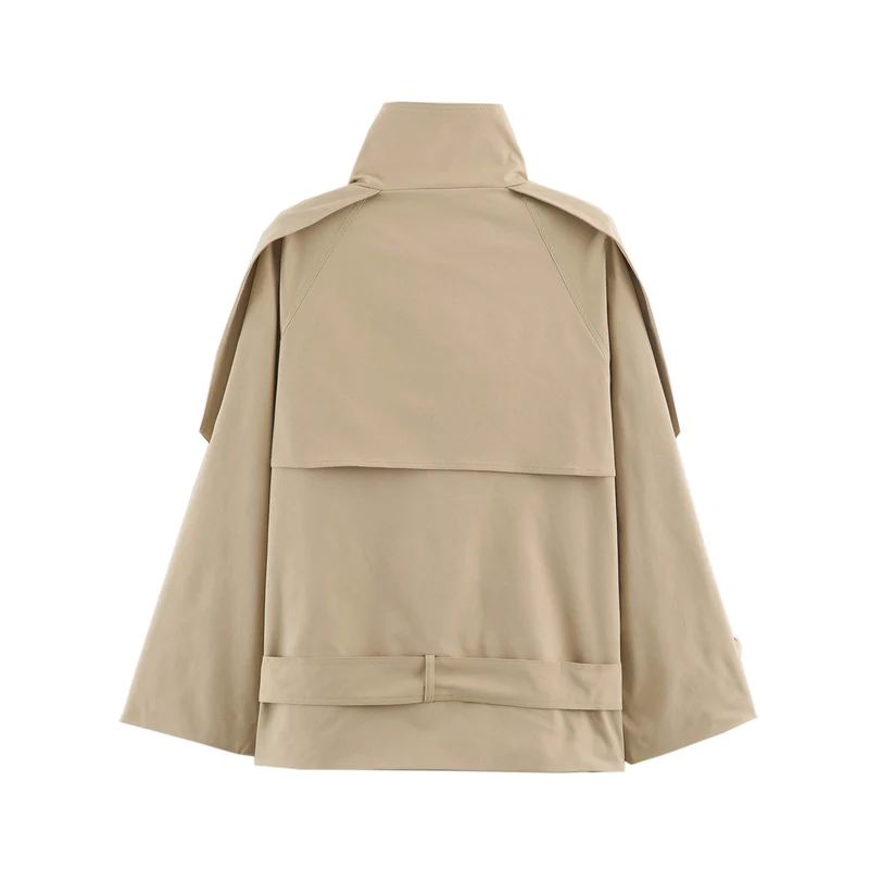 Damen 10+ kurzer doppeltreihiger Cape‑Trench mit Funnelkragen und Bindegürtel Nord Taschen