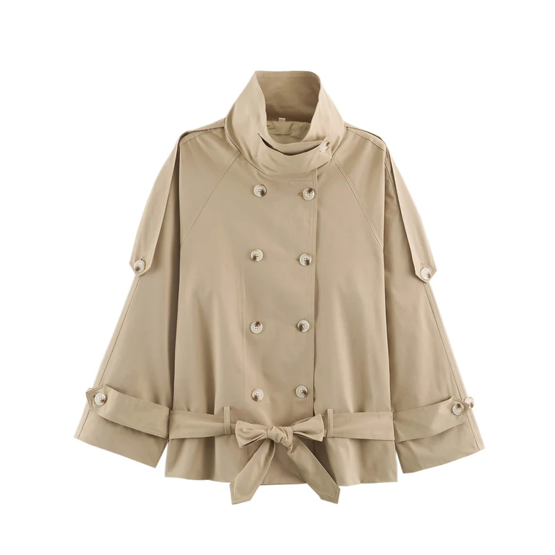 Damen 10+ kurzer doppeltreihiger Cape‑Trench mit Funnelkragen und Bindegürtel Nord Taschen