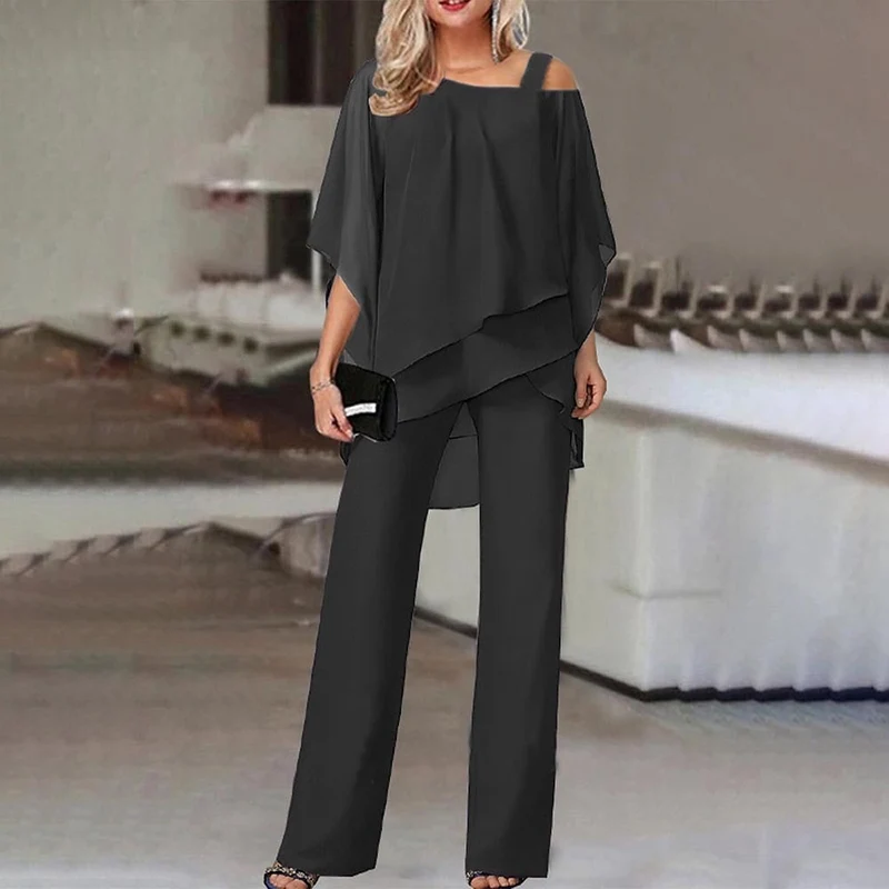 Damen Zweiteiler Satz Eleganter Jumpsuit mit Cold Shoulder Bluse