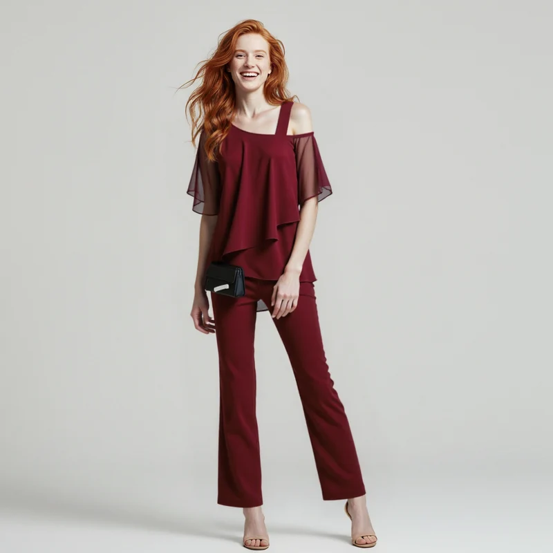 Damen Zweiteiler Satz Eleganter Jumpsuit mit Cold Shoulder Bluse