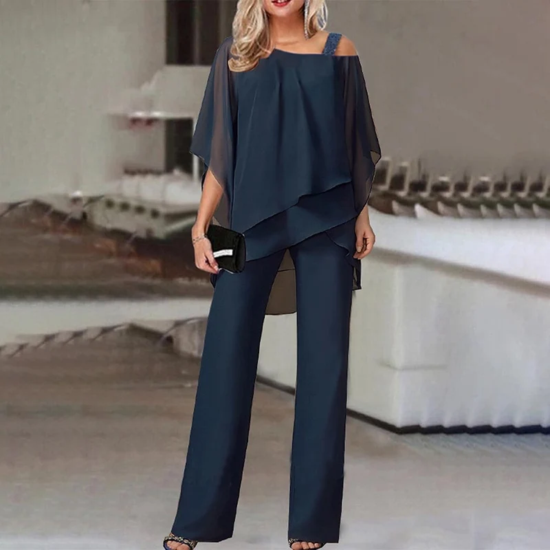 Damen Zweiteiler Satz Eleganter Jumpsuit mit Cold Shoulder Bluse