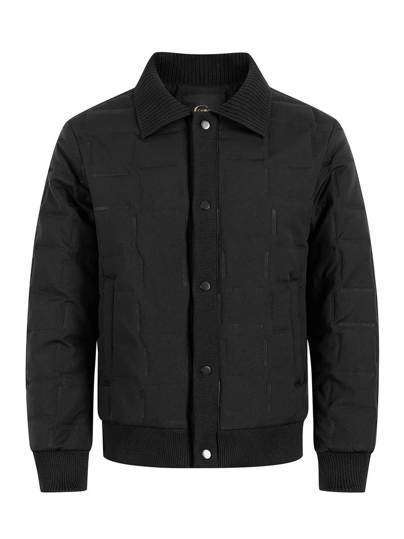 Herren Kurz geschnittene gesteppte Bomberjacke mit Rippenkragen, Druckknopfleiste und geometrischem Quilt Nord Taschen