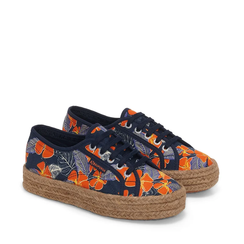 2730 ROPE HIBISCUS FLOWER PRINT - Lady Shoes - Wedge - Woman - Blue Navy-Orange Hibiscus