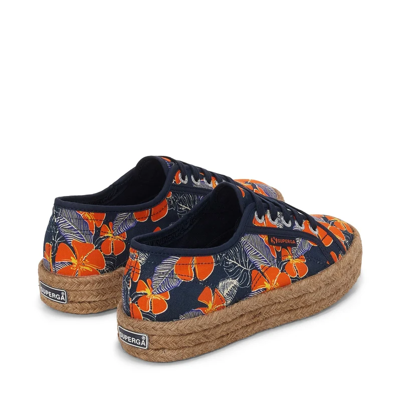 2730 ROPE HIBISCUS FLOWER PRINT - Lady Shoes - Wedge - Woman - Blue Navy-Orange Hibiscus