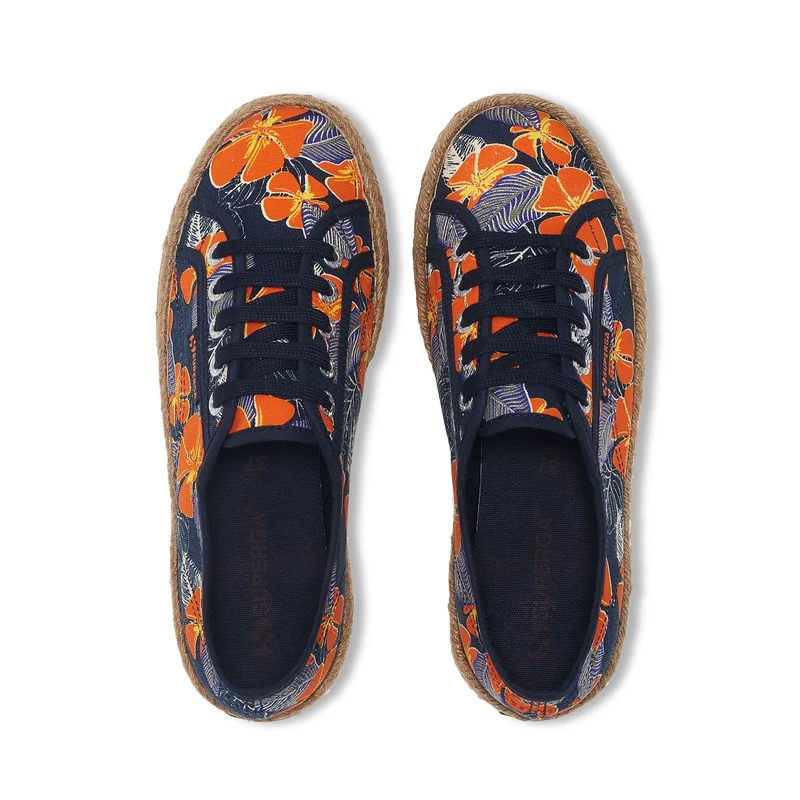 2730 ROPE HIBISCUS FLOWER PRINT - Lady Shoes - Wedge - Woman - Blue Navy-Orange Hibiscus