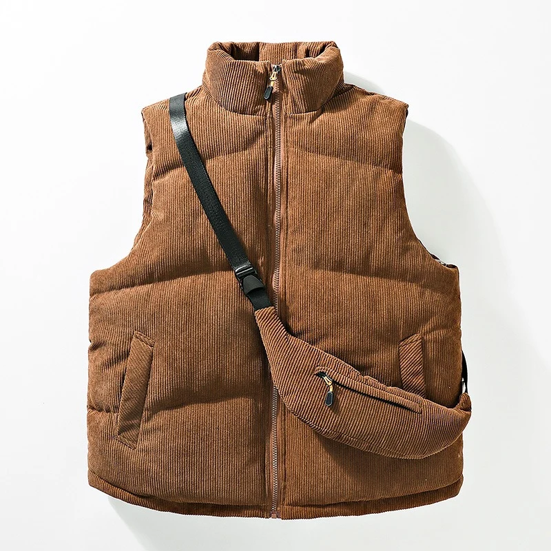 Herren Gesteppte Cord-Ärmellose Thermoweste mit Stehkragen und integrierter Crossbody-Tasche Nord Taschen