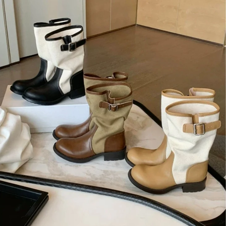 Damen Leder-Leinen Mid-Calf Stiefel mit Schnallenriemen Nord Taschen