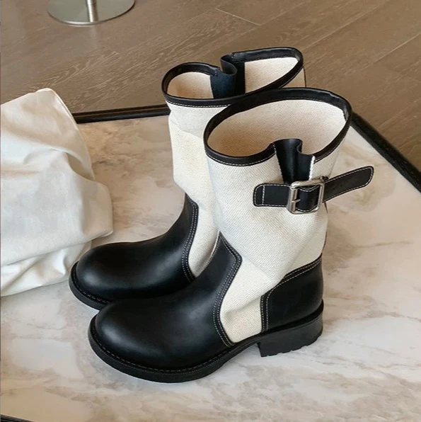 Damen Leder-Leinen Mid-Calf Stiefel mit Schnallenriemen Nord Taschen