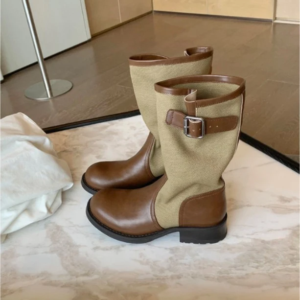 Damen Leder-Leinen Mid-Calf Stiefel mit Schnallenriemen Nord Taschen