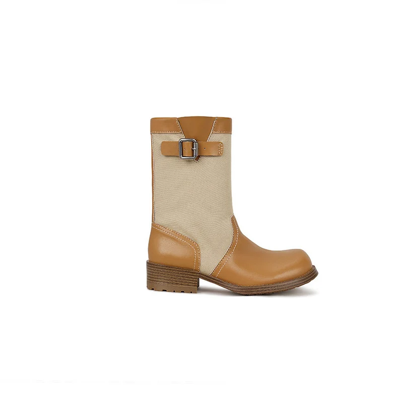 Damen Leder-Leinen Mid-Calf Stiefel mit Schnallenriemen Nord Taschen