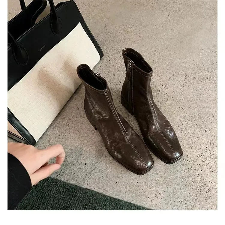 Damen knöchelhohe Glattleder-Stiefelette mit mittlerem Blockabsatz und seitlichem Reißverschluss Nord Taschen