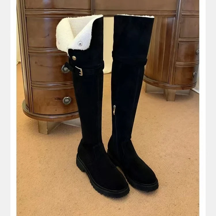 Damen Kniehohe Velours-Winterstiefel mit umklappbarer Schaftrand‑Fütterung und profilierter Lug‑Sohle Nord Taschen