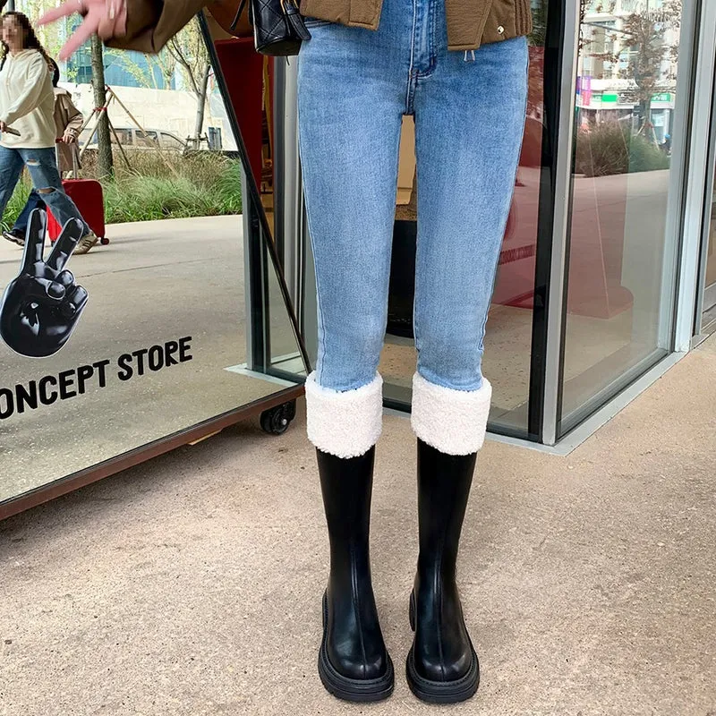 Damen Kniehohe Stiefel mit Teddyfutter-Bündchen und geformter Plateau-Sohle Nord Taschen