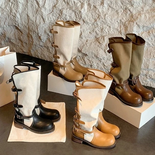 Damen kniehohe Leder-Canvas Stiefel mit verstellbaren Schnallen Nord Taschen