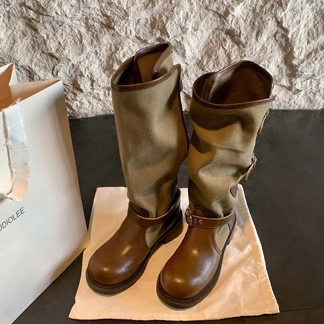 Damen kniehohe Leder-Canvas Stiefel mit verstellbaren Schnallen Nord Taschen