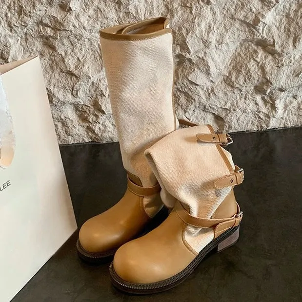 Damen kniehohe Leder-Canvas Stiefel mit verstellbaren Schnallen Nord Taschen