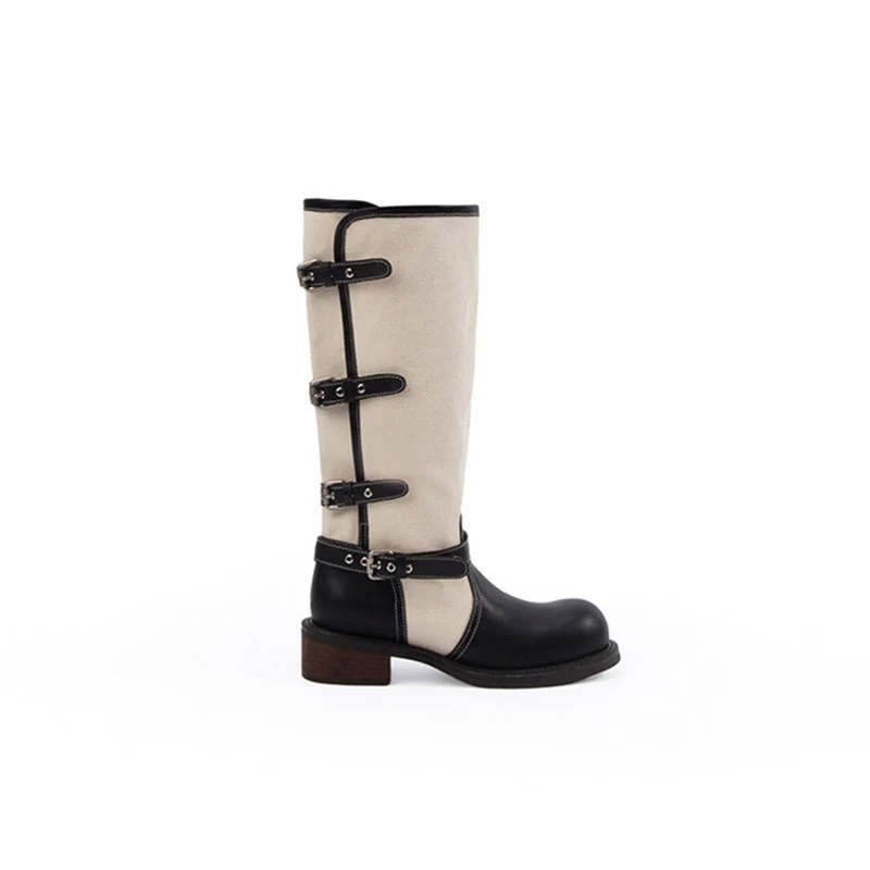 Damen kniehohe Leder-Canvas Stiefel mit verstellbaren Schnallen Nord Taschen