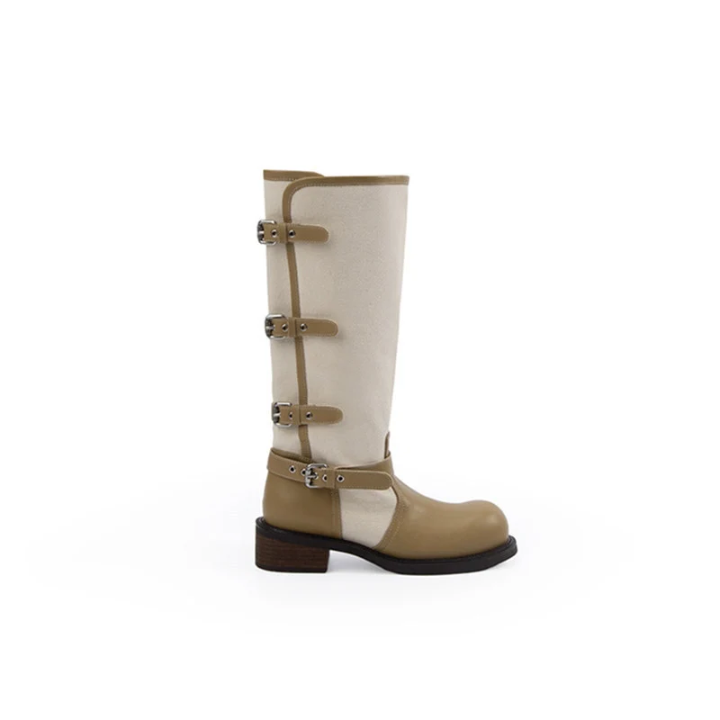Damen kniehohe Leder-Canvas Stiefel mit verstellbaren Schnallen Nord Taschen