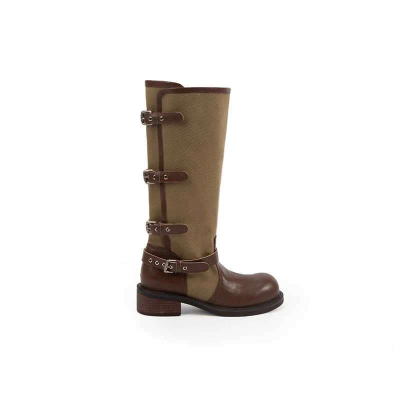 Damen kniehohe Leder-Canvas Stiefel mit verstellbaren Schnallen Nord Taschen