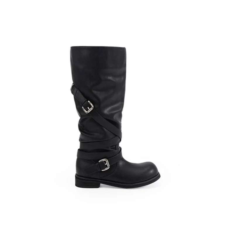 Damen Kniehohe Biker-Stiefel in Leder-Optik mit verstellbaren Schnallen Nord Taschen