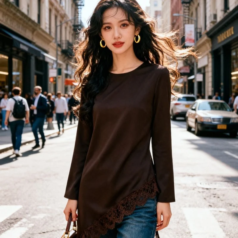 Damen Asymmetrische Chiffonbluse mit Spitzenbesatz und langen Ärmeln Nord Taschen