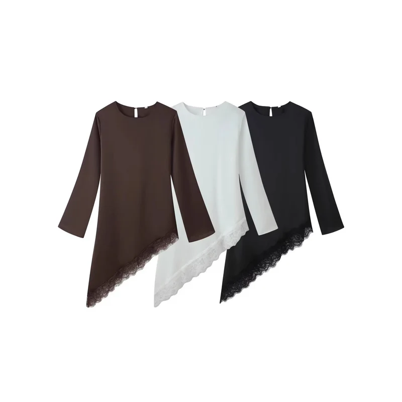 Damen Asymmetrische Chiffonbluse mit Spitzenbesatz und langen Ärmeln Nord Taschen