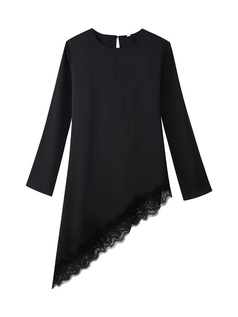 Damen Asymmetrische Chiffonbluse mit Spitzenbesatz und langen Ärmeln Nord Taschen